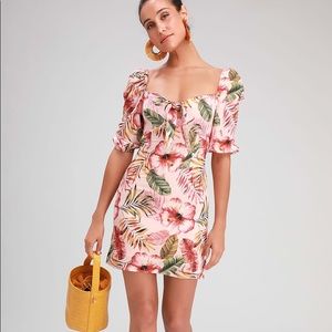 Tropical Print Tie-Front Puff Sleeve Mini Dress